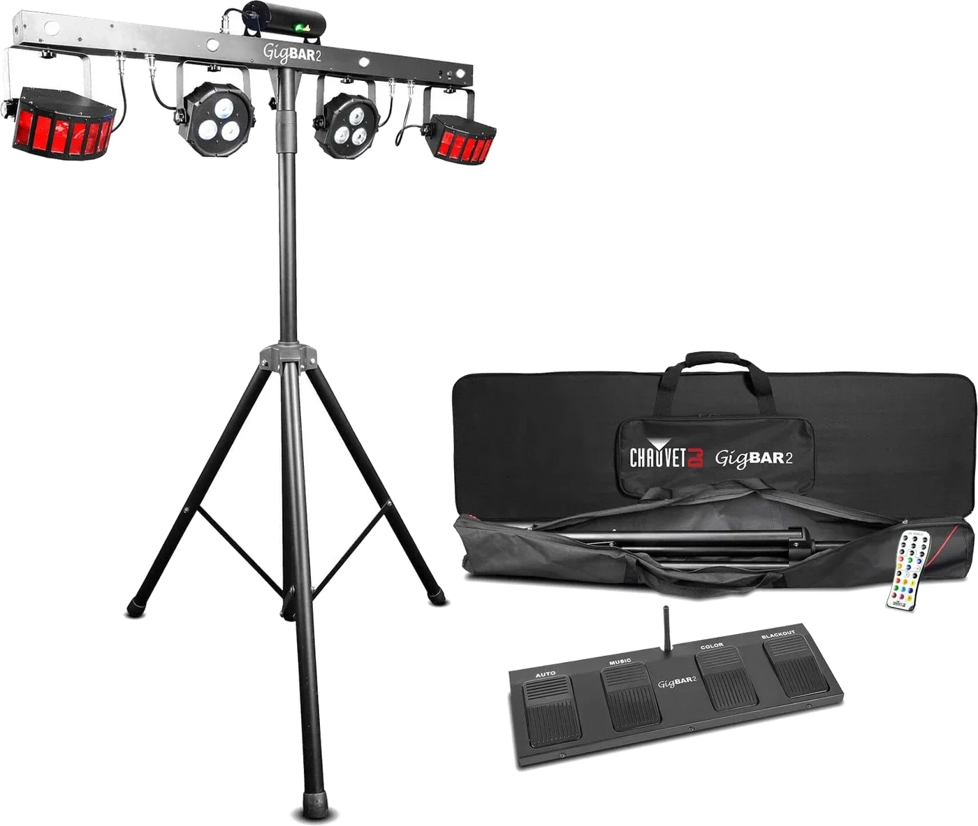 Portique lumineux GigBAR 2 sur trépied, avec ses quatre types de projecteurs