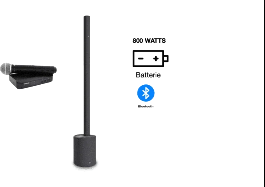 Colonne de sonorisation portable sur batterie et micro sans fil, posés côte à côte