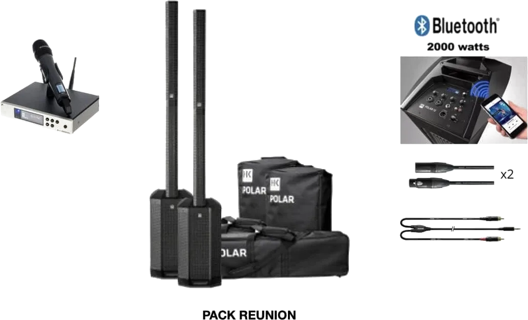 Deux colonnes amplifiées et un micro main sans fil Sennheiser, en configuration réunion