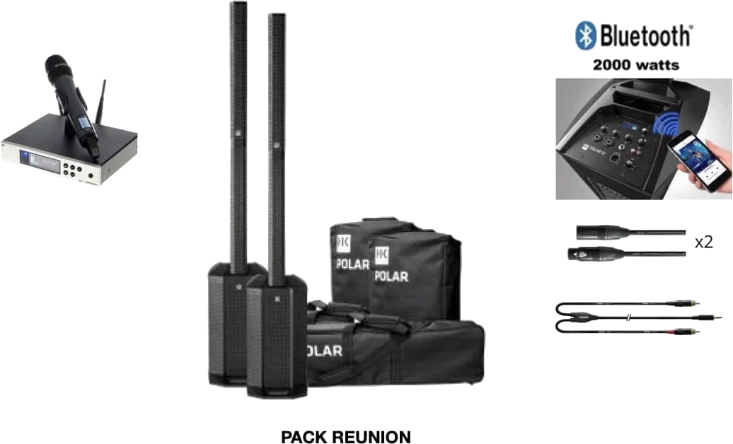 Deux colonnes amplifiées et un micro main sans fil Sennheiser, en configuration réunion
