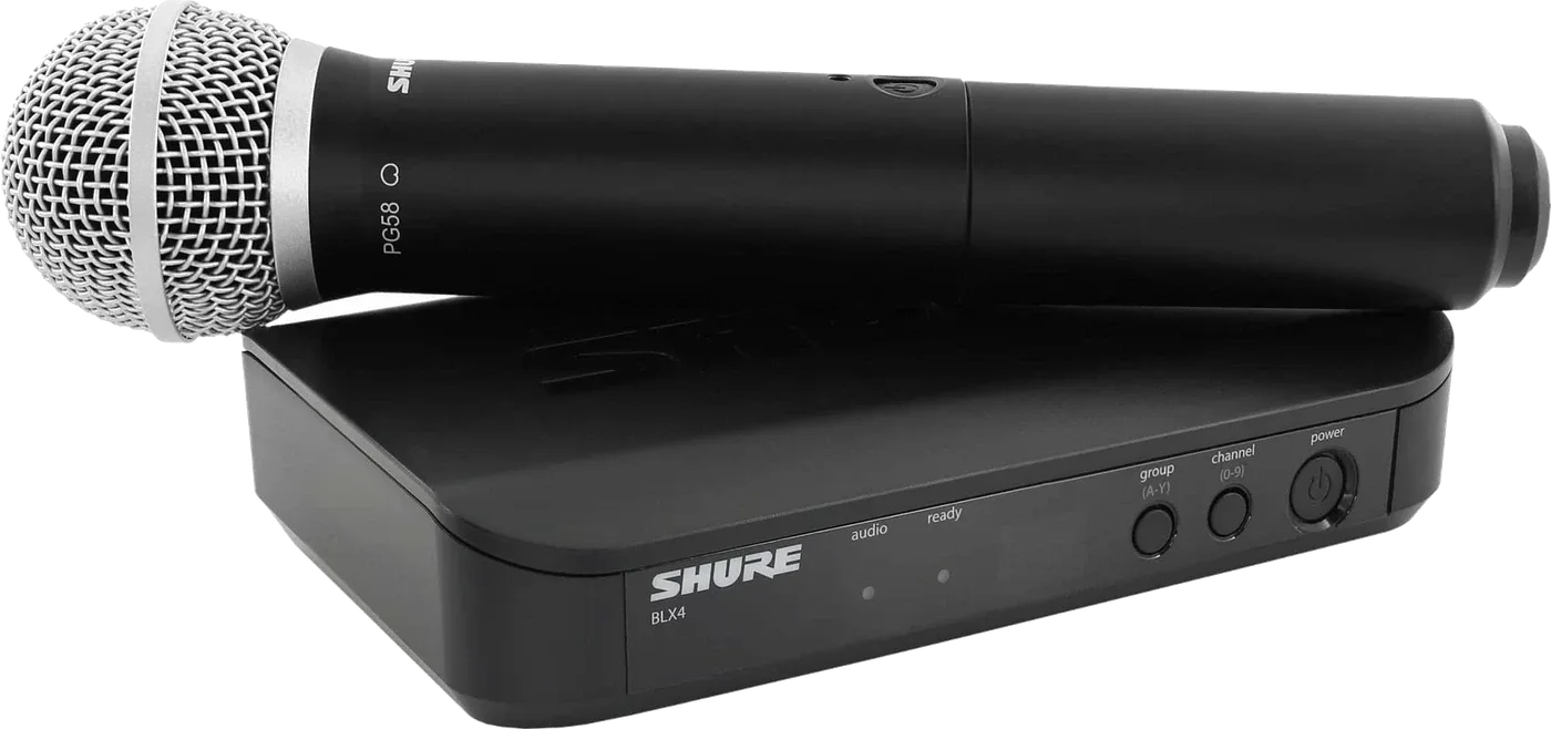 Micro main sans fil Shure PG58 posé devant son récepteur de table BLX4
